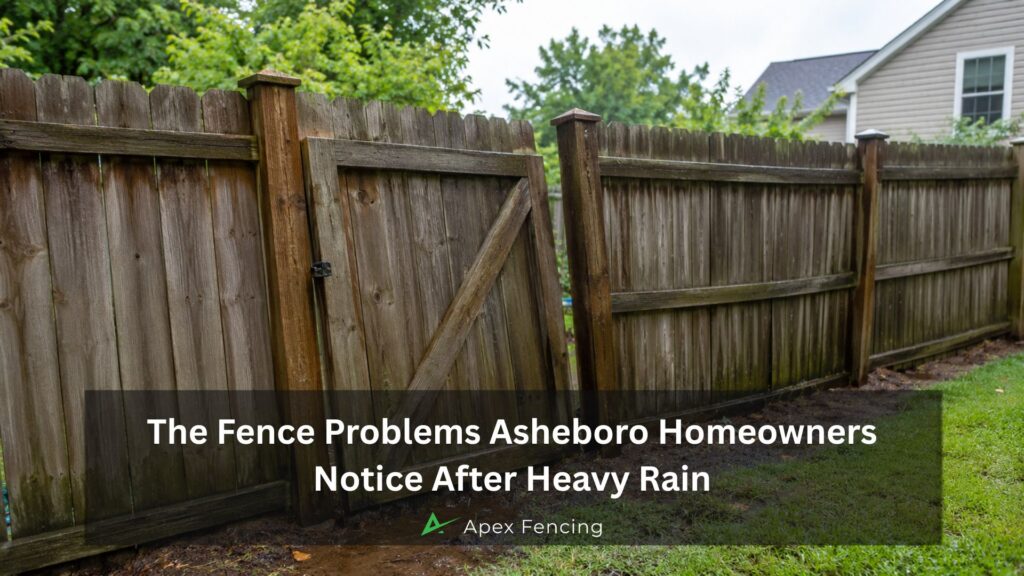 Wood fence in an Asheboro NC backyard after heavy rain with wet ground and leaning post concerns
