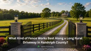 Long rural driveway in Randolph County NC with a custom gate and fence running along open property land