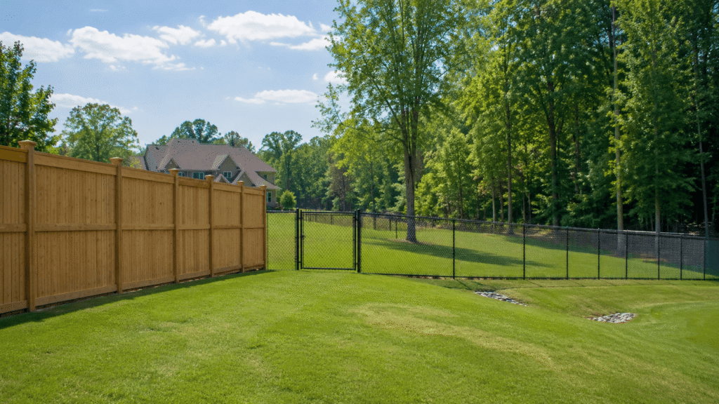 Mixed fence layout around a North Carolina backyard bordering woods and an open field