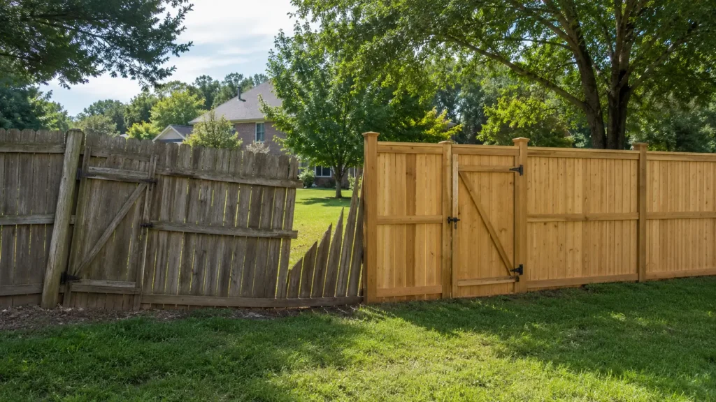 Damaged backyard fence with leaning posts and broken panels in Asheboro, NC