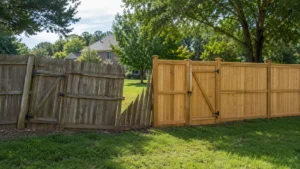 Damaged backyard fence with leaning posts and broken panels in Asheboro, NC