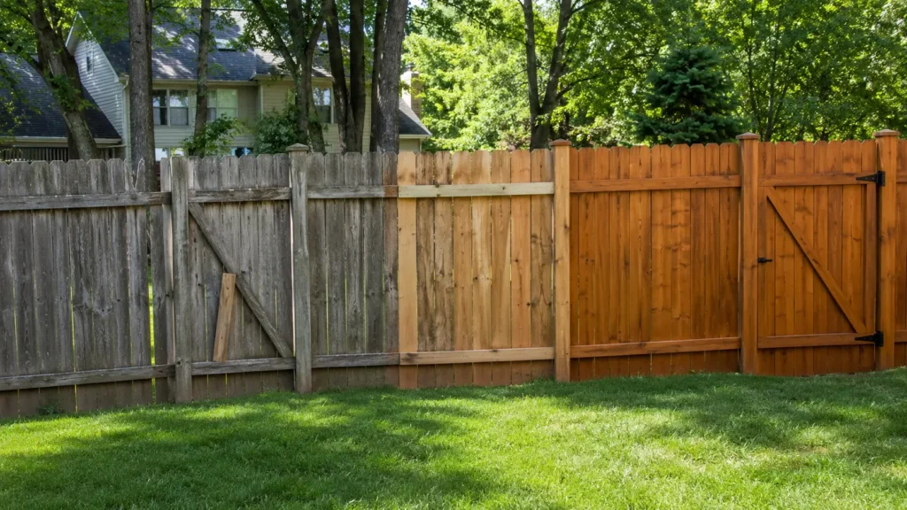 Old and newly restored wood fence sections in a North Carolina backyard