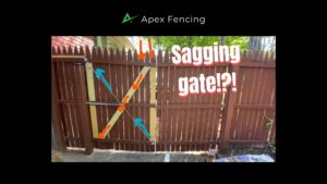 Sagging wooden fence gate with uneven alignment and gate hardware in a residential backyard.